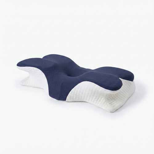 Wova Rest contoured memory foam pillow, navy blue, studio hero