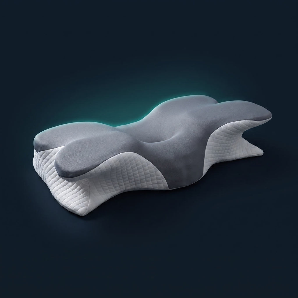 Wova Rest contoured memory foam pillow, gray, dark studio photo with a teal rim light