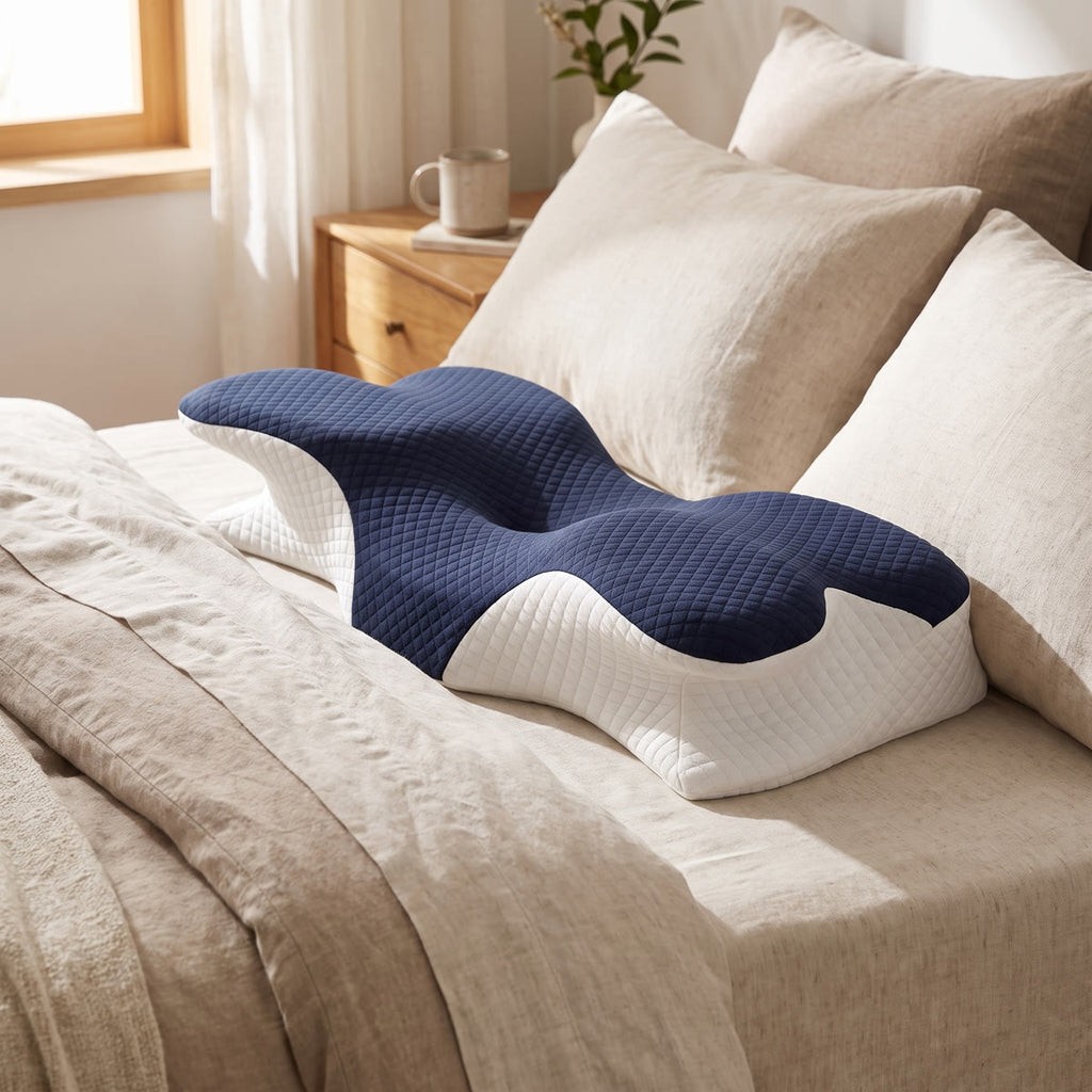 Wova Rest contoured memory foam pillow, navy blue, on a styled bed in morning light