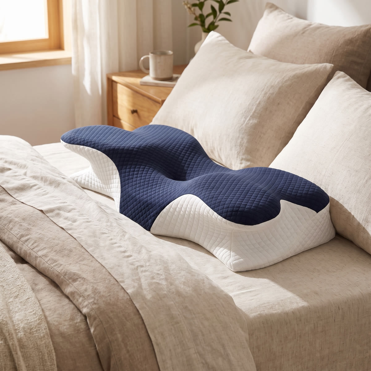 Wova Rest contoured memory foam pillow, navy blue, on a styled bed in morning light