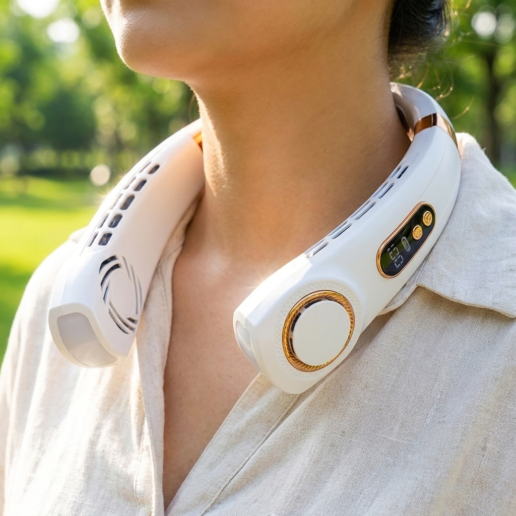 Wova neck fan worn around the neck, lifestyle