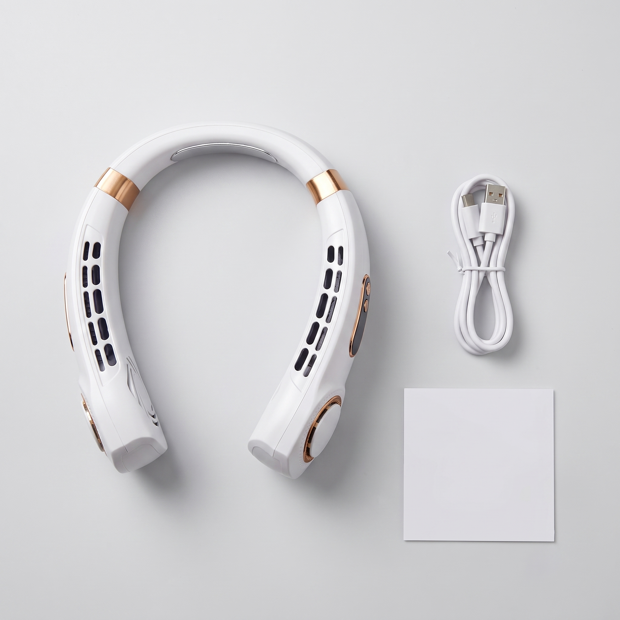 What's in the box: Wova neck fan, USB-C cable, quick-start card