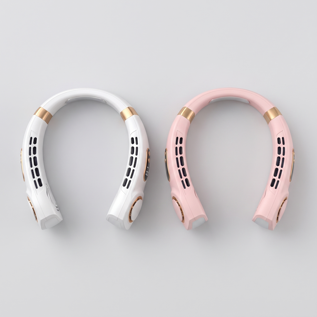 Wova 2-pack: two bladeless neck fans (White + Blush) flat lay