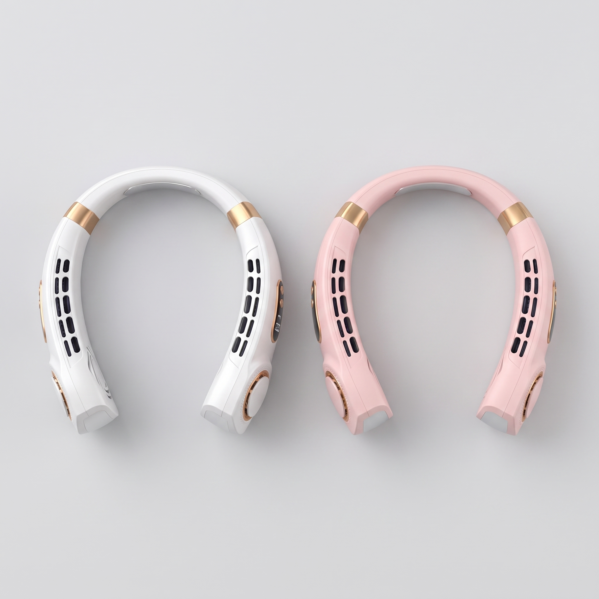 Wova 2-pack: two bladeless neck fans (White + Blush) flat lay