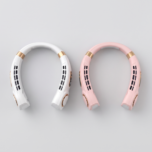 Wova 2-pack: two bladeless neck fans (White + Blush) flat lay